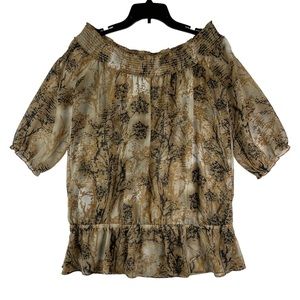 Guess Top Blouse Womens Size L Floral Tan Black
